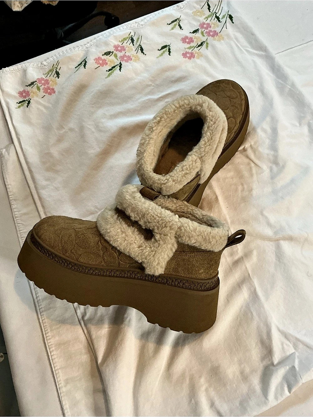 Coach Christina Signature Shearling Bootie Brown & Cream US 7B